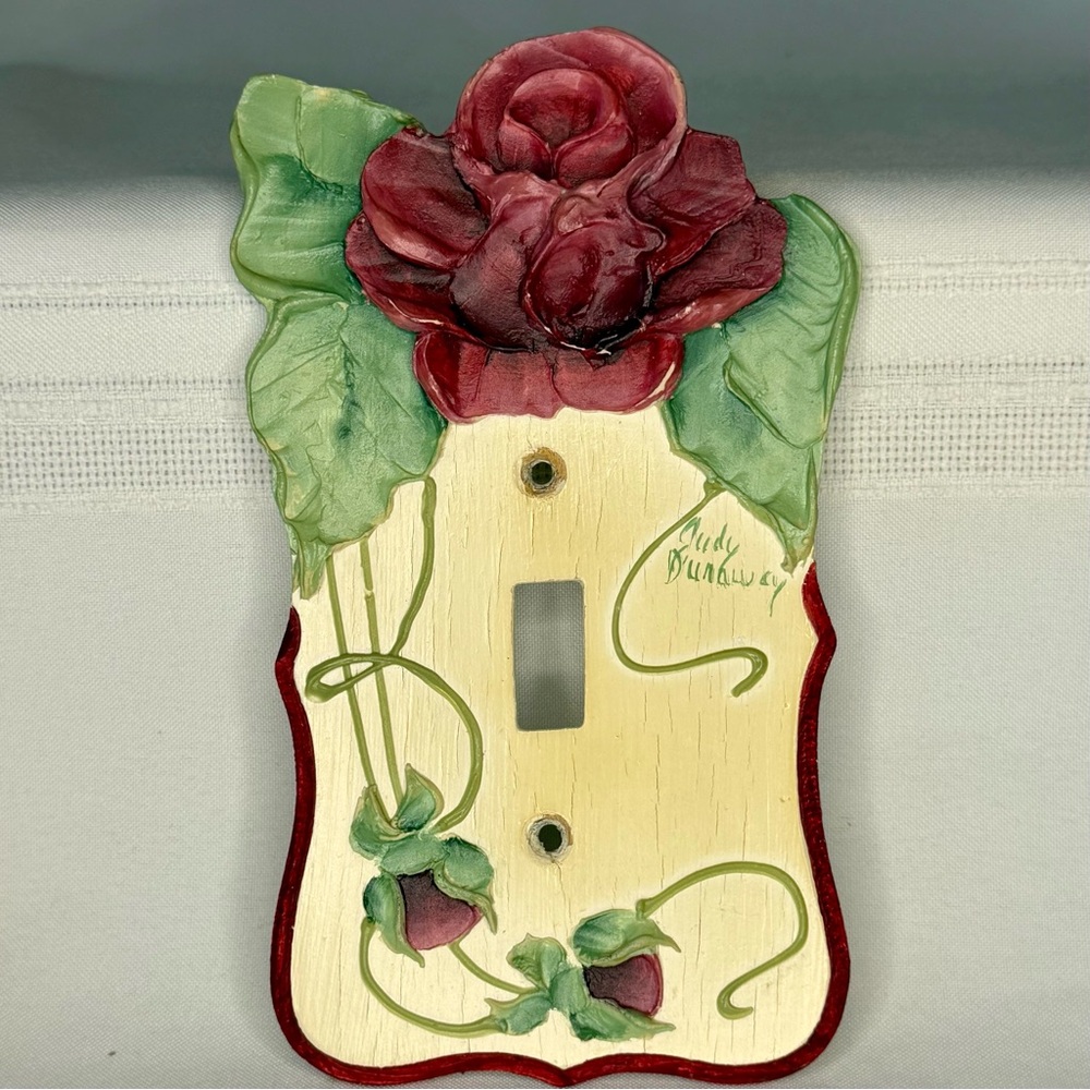 Judy Buswell 3D Rose Floral Light Switch Covers Pink- Burgundy Cottage Decor Set - Picture 4 of 6